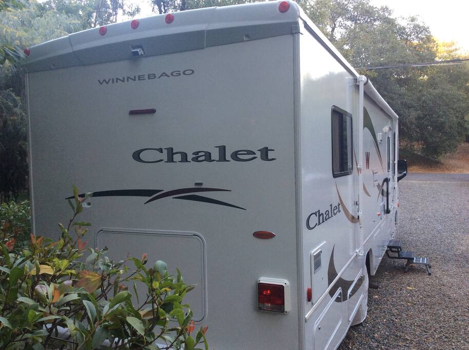 Rear view of motorhome.