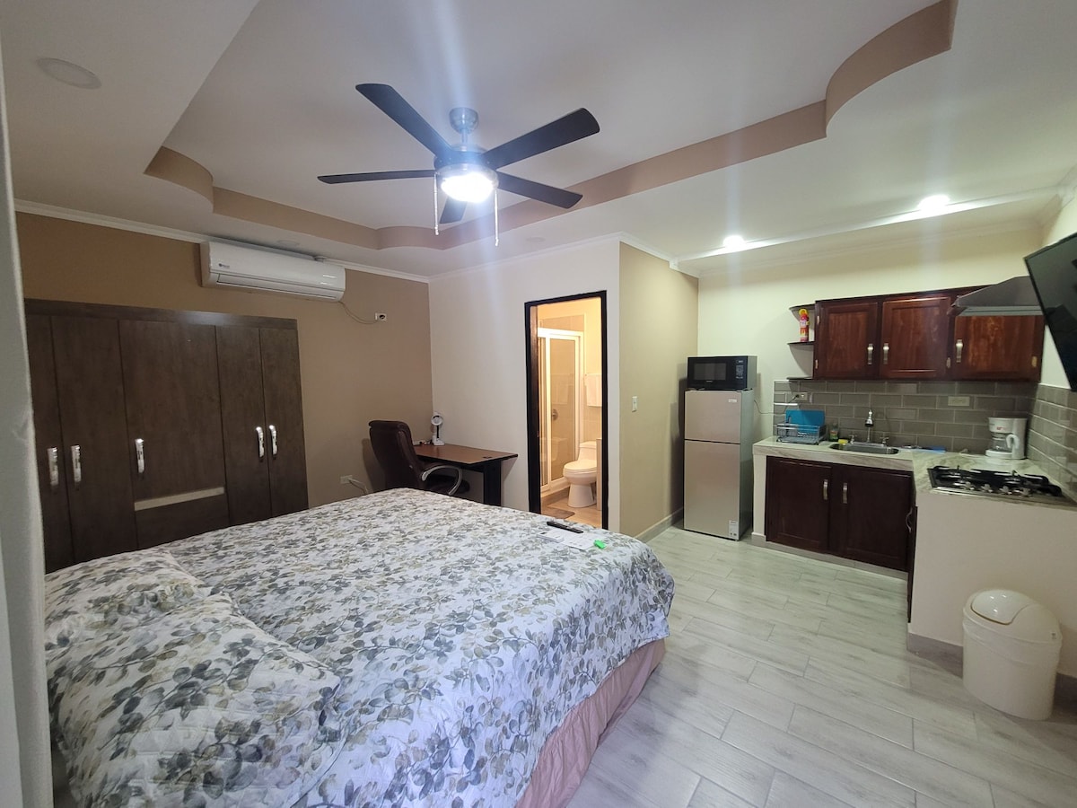 A spacious room is depicted with a large bed covered in a floral-patterned blanket. A desk and chair are positioned near a door leading to a bathroom. The kitchenette features modern appliances, including a refrigerator and microwave, under warm lighting.