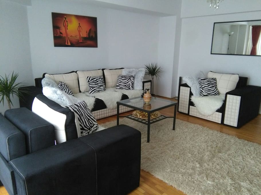 Modern and large living room , decorated in African style , for having a pleasant stay