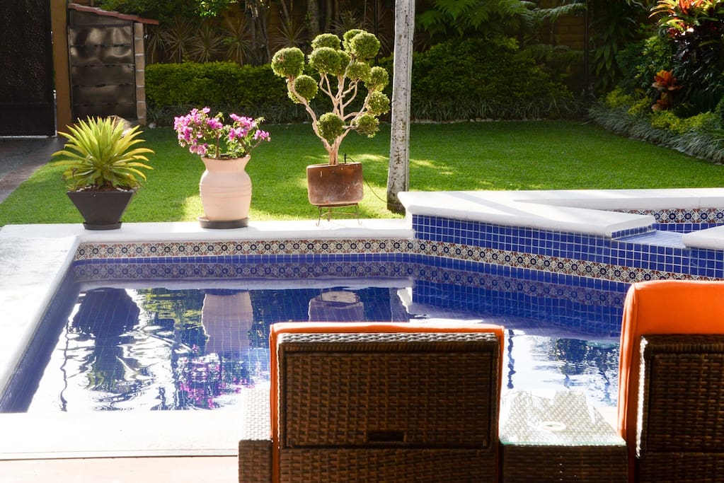 Enjoy the soft early-morning sun by the pool
