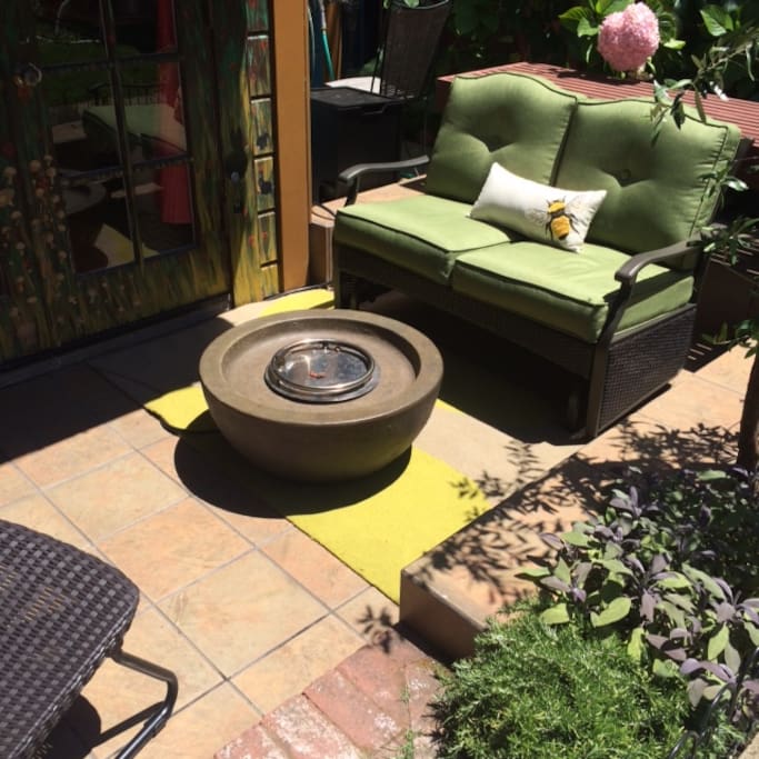 Outdoor seating area with propane firebowl