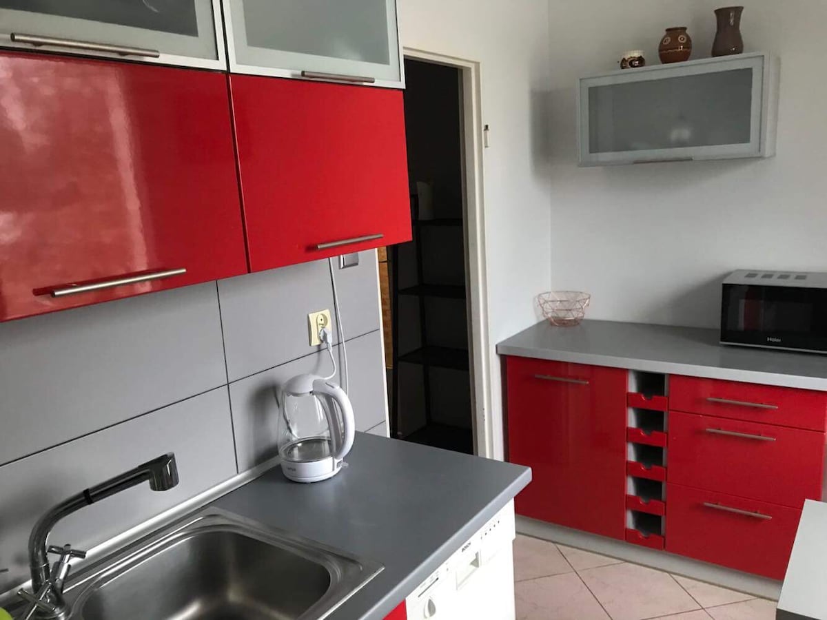 The kitchen features modern red cabinetry paired with gray countertops. A compact sink is positioned under a wall cabinet. An electric kettle is visible next to the sink, while a microwave is placed on a countertop. Additional storage can be seen in the form of drawers and shelves.
