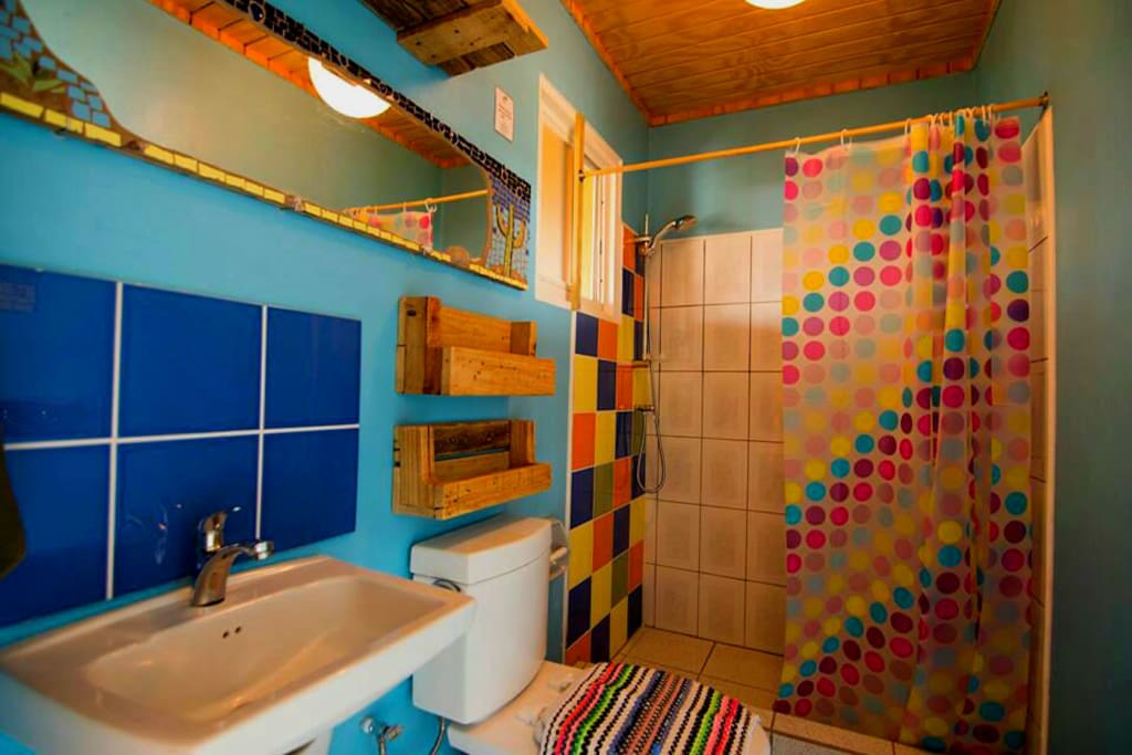 Private bathroom with shower and toilet. Mosaic mirrors