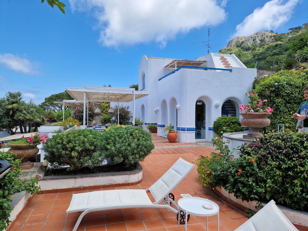 The outdoor area showcases a spacious patio with terracotta tiles, adorned with vibrant flowers and greenery. Sun loungers are positioned nearby, providing a place to relax under the sun. A covered gazebo area offers shaded seating for enjoying meals. The villa architecture features white walls with blue accents.