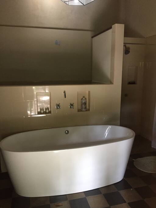 Bathtub and shower (shared bathroom with single room)