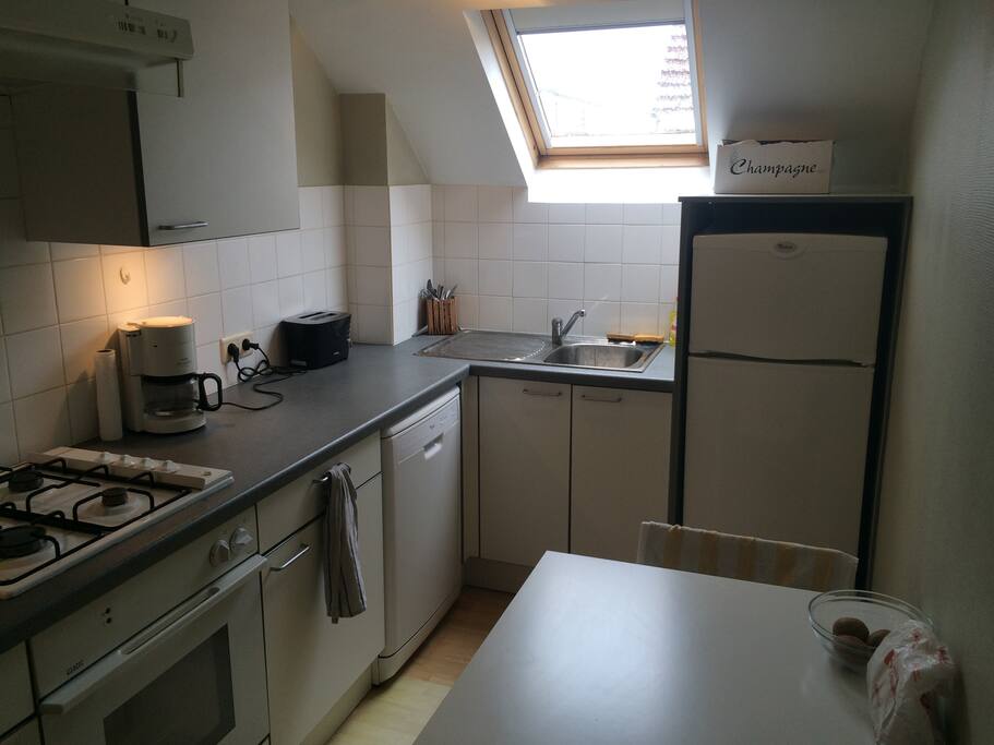 Let's start with the kitchen at the end of the corridor. Commençons par la cuisine au bout du couloir.