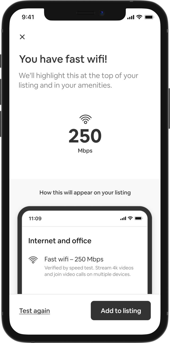 A cell phone shows a list of amenities from an Airbnb listing. At the top of the list, we see the heading: "Internet and office," accompanied by a line of text that reads: "Fast wifi—250 Mbps. Verified by speed test. You can stream in 4K and join video calls on multiple devices."