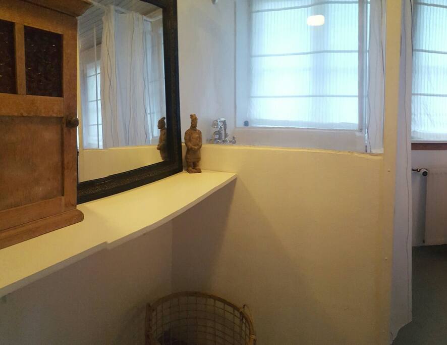 The bathroom shower.