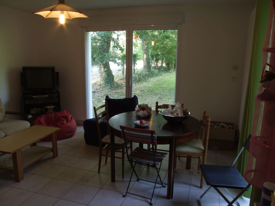 Salon avec coin cuisine. Accès au jardin avec possibilité de table de jardin et barbecue