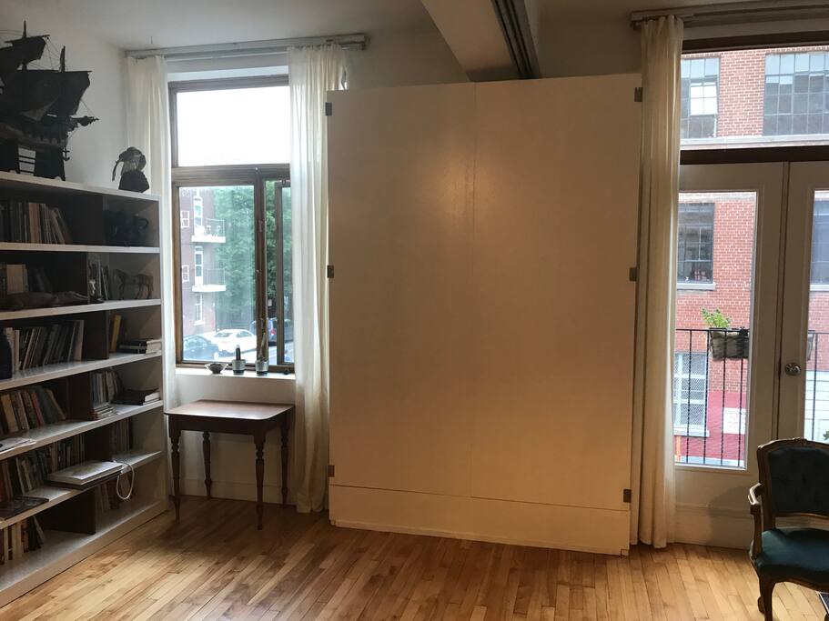 The Murphy-bed easily folds up.