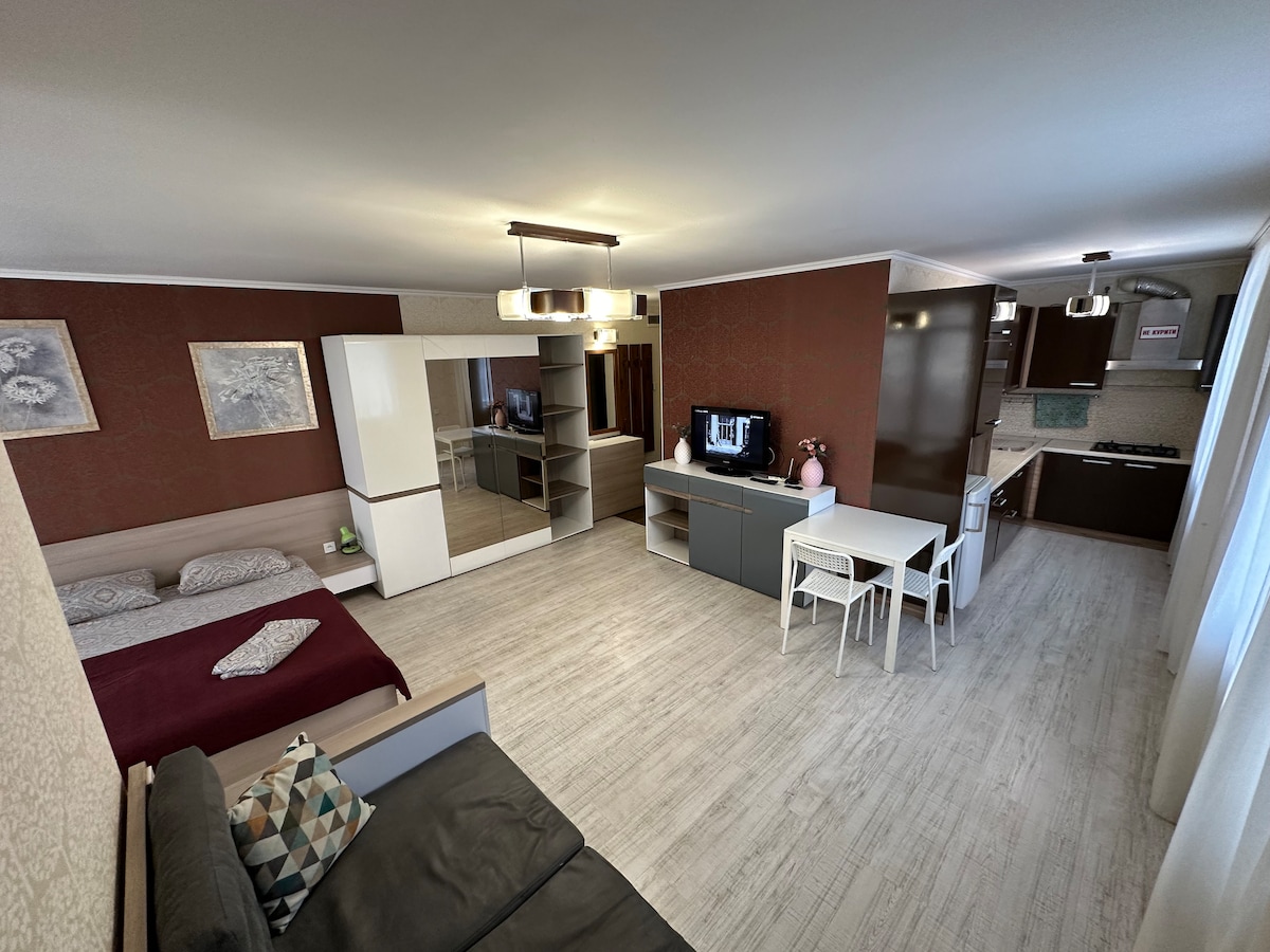 A modern studio apartment is presented, with a spacious living area featuring a sofa, a bed with patterned bedding, and a dining table for four. The kitchen area includes sleek cabinets and modern appliances, while large windows allow natural light to brighten the space.