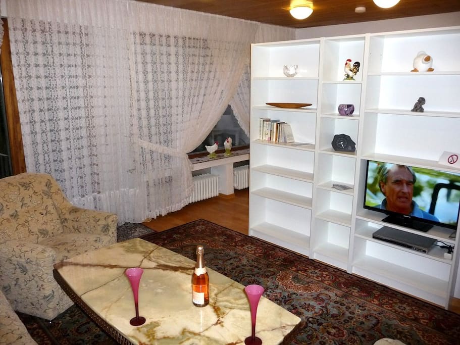 Bücherwand im Wohnzimmer mit SAT-TV und DVD-Player, Ausgang zur Terrasse mit Gartenmöbel und Grill
