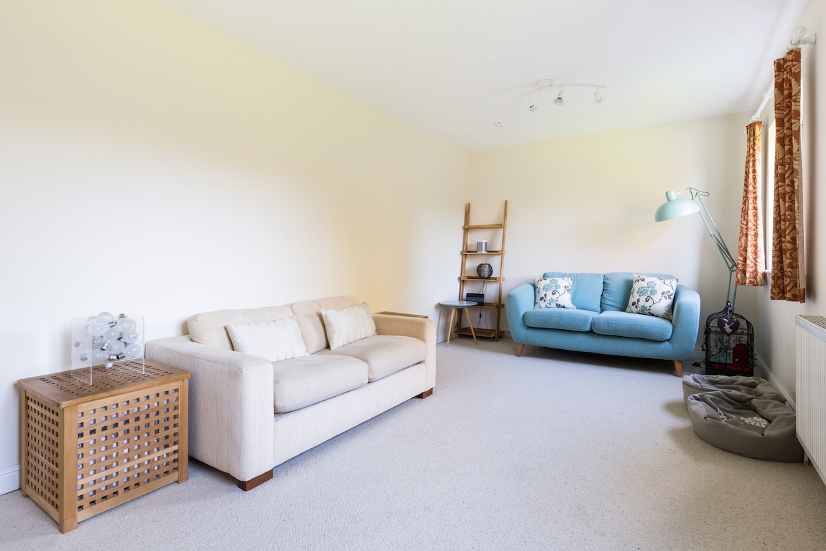 Ukumbi wa pili wenye sofa maradufu. Mfumo wa sauti wa sonos wa kutiririsha muziki. Chumba kizuri cha kucheza.