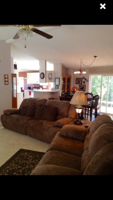 View of living room and dining room.