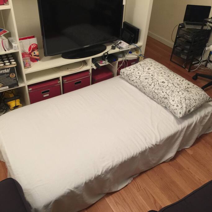 This is the bed down. Spring mattress with memory foam top. Very comfy. Note it is set up on the floor without a bed frame and it is a Twin XL size mattress.