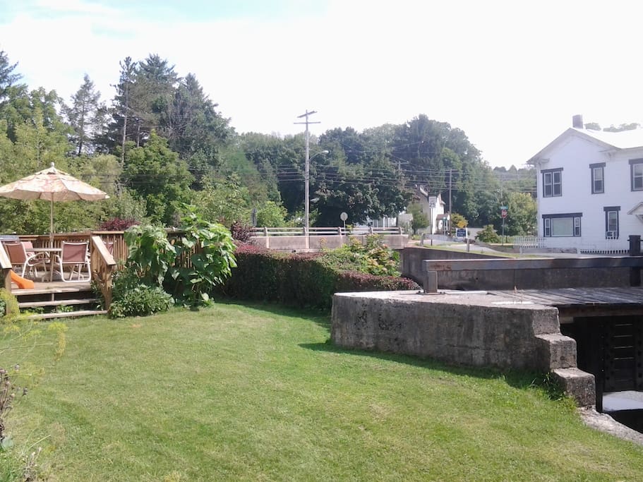 Patio and lawn, Elk Creek on the right.