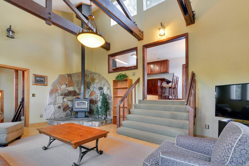 Sunken living area with wood stove