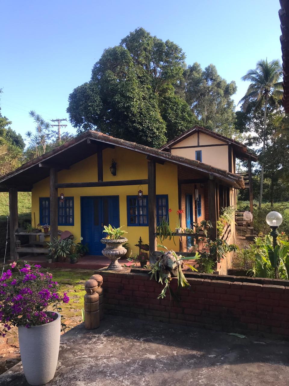 A charming rustic house features vibrant yellow walls and blue doors, surrounded by lush greenery. Potted plants and outdoor decor elements add a touch of nature. The structure is inviting, with a spacious porch leading to a warm and welcoming entrance.