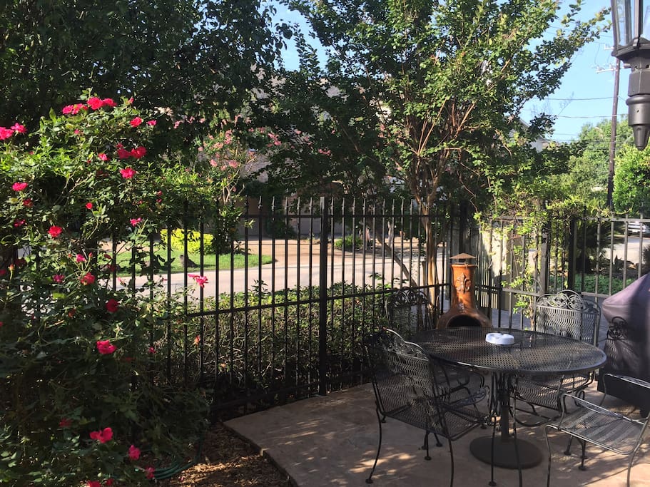Private outdoor patio with grill and chimenea. Watch the bicycles roll by during morning breakfast.