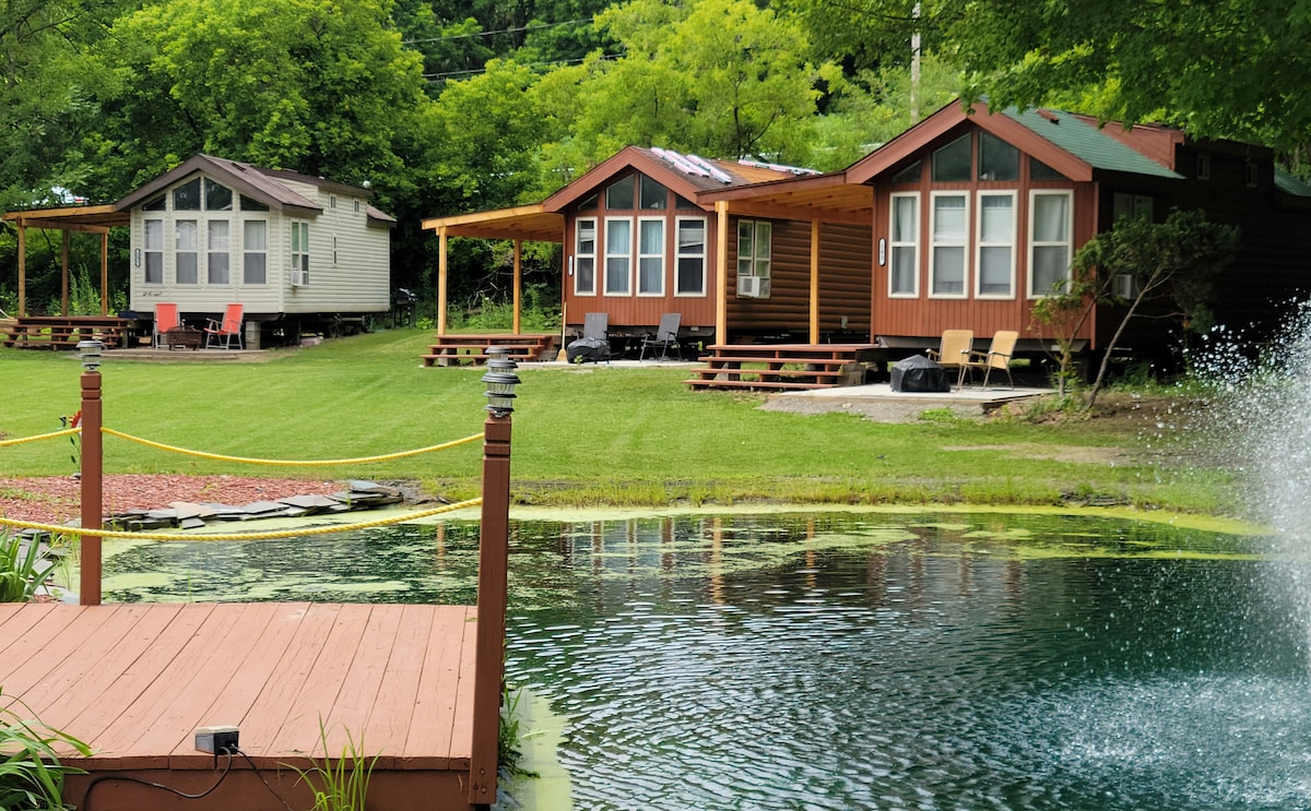 A cluster of three cabins is positioned along the edge of a tranquil pond, surrounded by lush greenery. Each cabin features large windows and decks with seating. The pond reflects the bright blue sky, and a fountain adds a gentle water flow to the scene.