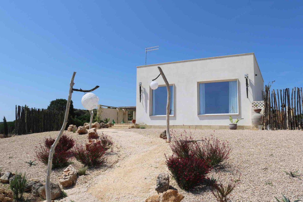 A modern villa is showcased against a clear blue sky, featuring large windows that allow natural light to fill the interior. Surrounding the villa, a minimalist garden with gravel pathways and native plants contributes to the serene outdoor setting.