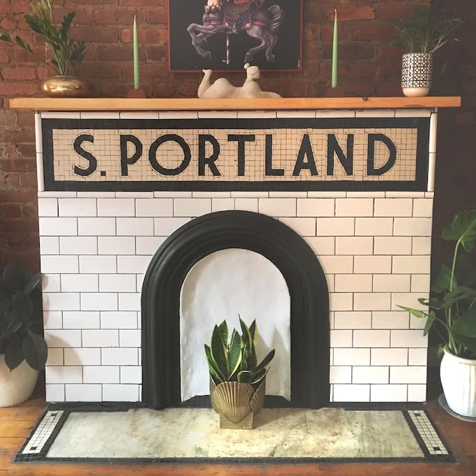 Subway mosaic fireplace