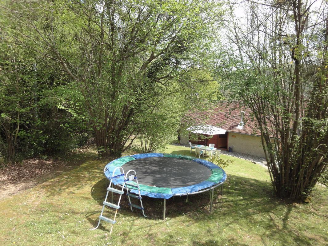 A large trampoline is positioned in a grassy area surrounded by trees, offering a fun outdoor activity. The barn can be seen in the background, along with a patio area shaded by a canopy. Natural greenery enhances the peaceful environment.
