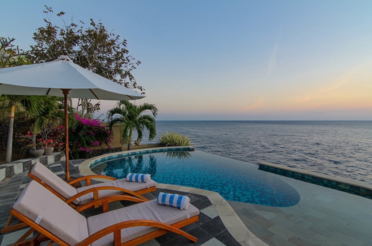 An infinity pool is positioned at the edge of the villa, offering unobstructed views of the ocean. Two sun loungers with striped towels are visible beside the pool, while an umbrella provides shade. Lush greenery and blooming flowers enhance the serene coastal setting.