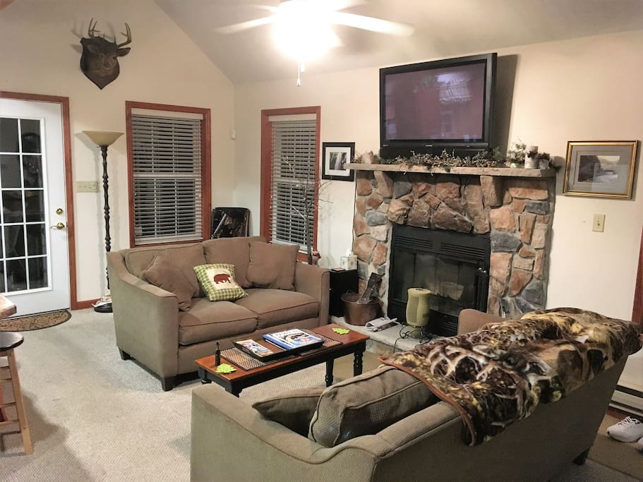 The living room is cozy and warm with a nice fireplace.