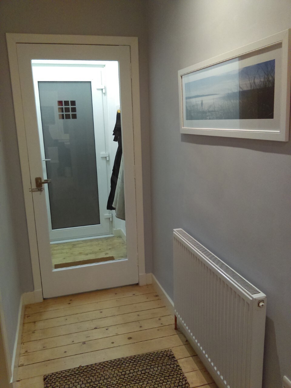 A hallway is depicted, featuring a wooden floor and light grey walls. A coat closet with visible hangers is on the left. A modern glass-paneled door leads outside, reflecting soft light. A framed photograph is mounted on the right wall, above a radiator.