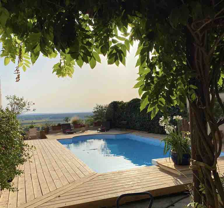 A private pool is framed by lush greenery, with wooden decking surrounding the calm water. Lounge chairs are positioned nearby, offering a serene view of the landscape beyond, complemented by flowering plants in pots.