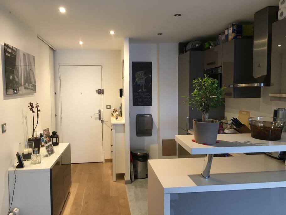 Cuisine et entrée, vue depuis le salon