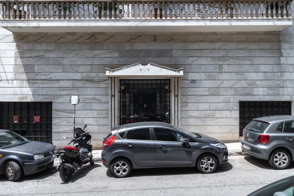 Facade/entrance to the neoclassical marble building