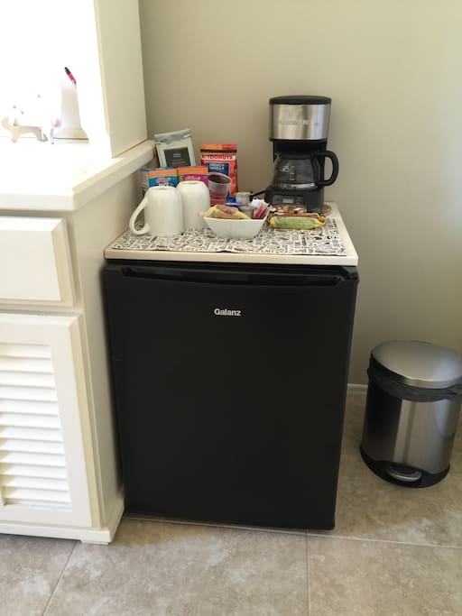 Mini refrigerator and coffee maker to enjoy at any time!