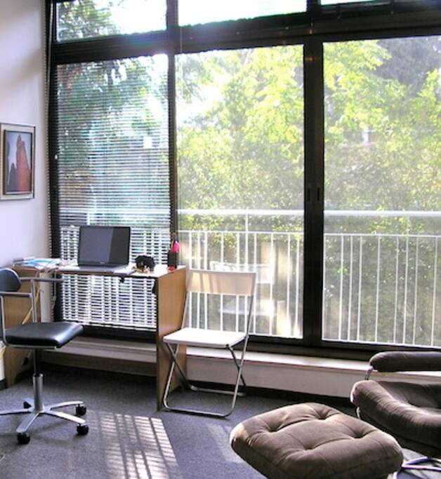 Large sliding doors overlooking garden.