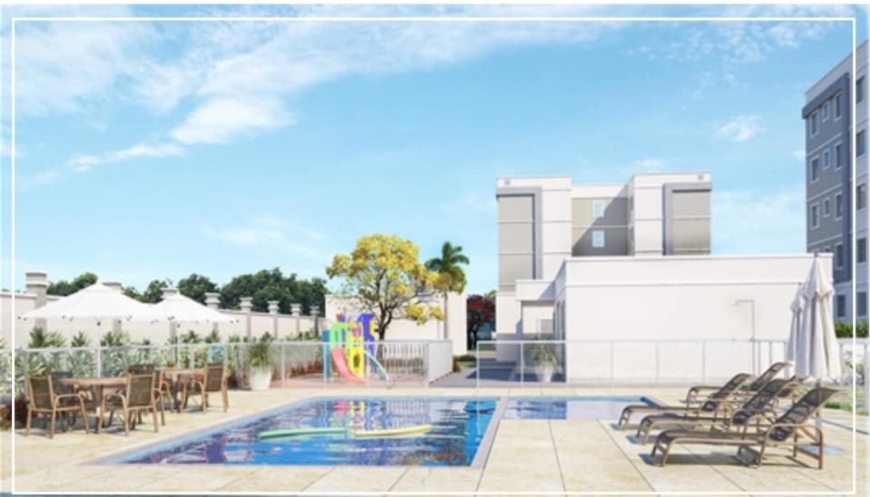The pool area features a sparkling blue swimming pool surrounded by lounge chairs, ideal for relaxation. A shaded area with dining tables is visible next to the water. Lush greenery and colorful play equipment are seen in the background, adding a vibrant touch to the outdoor space.
