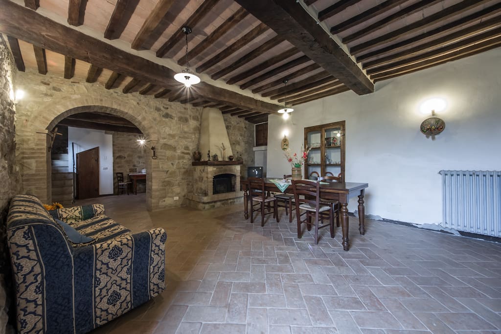Living room with kitchenette, sofa bed and fireplace