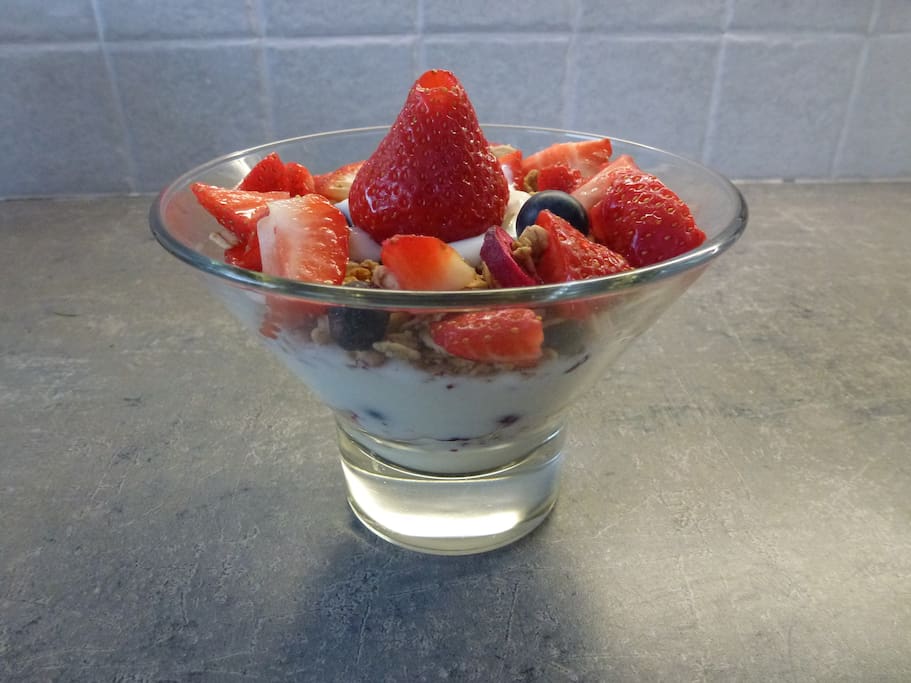 Our Breakfast Sundae (suitable for vegetarians) - Seasonal fruits, 0% Greek yogurt and Granola.