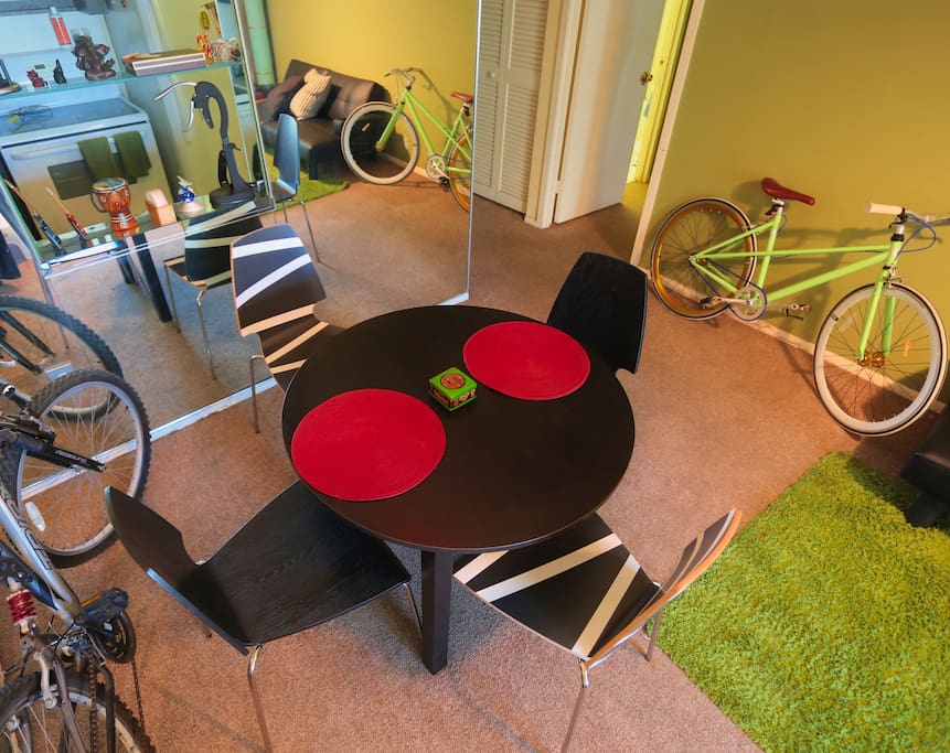 Comfortable dining area sits four.