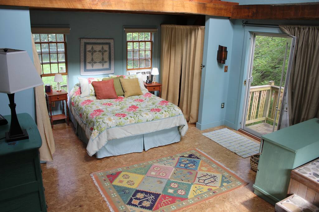 Master bath with cathedral ceilings and terrace