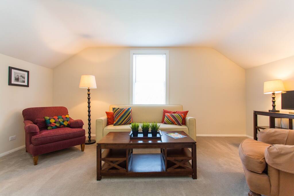 Great light from 3 windows in living room. Window a/c unit installed here during summer months.