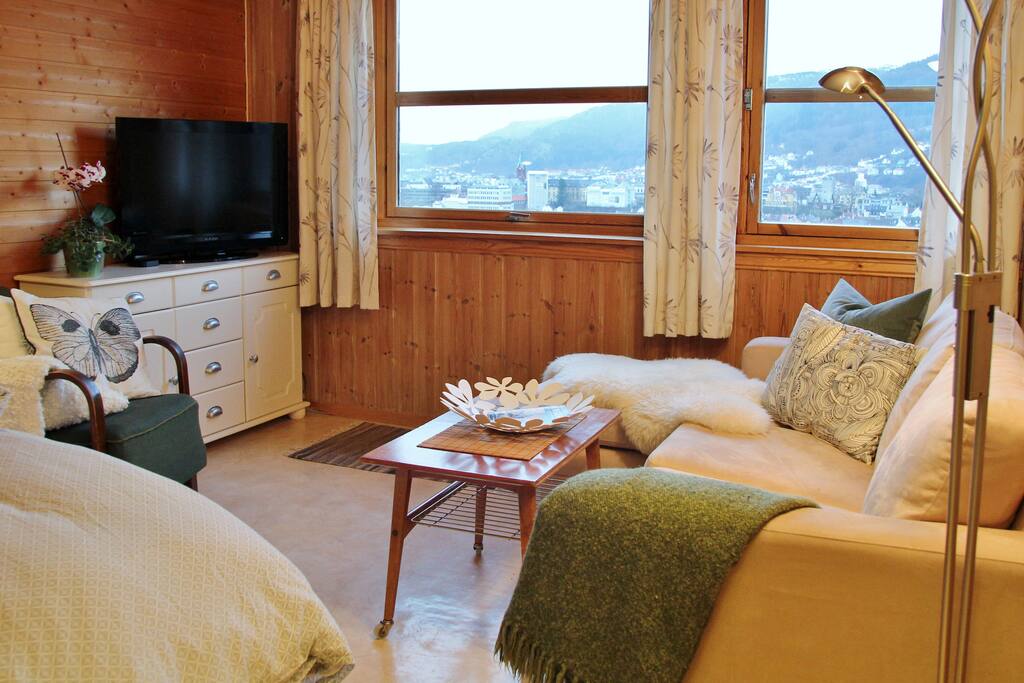 Spacious and cozy room with queensize bed, sofa, armchair and TV.