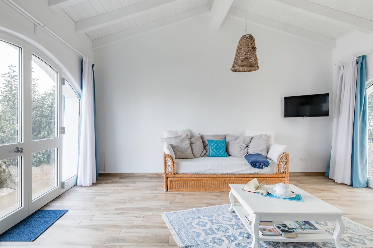A bright, airy living area features a comfortable sofa adorned with decorative pillows. A flat-screen television is mounted on the wall. Natural light flows through large arched windows dressed with flowing curtains, and a coffee table is positioned in front of the sofa.