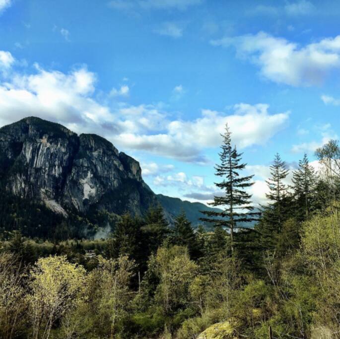 Mountain views from the picture windows in the living room, leading to Howe Sound
