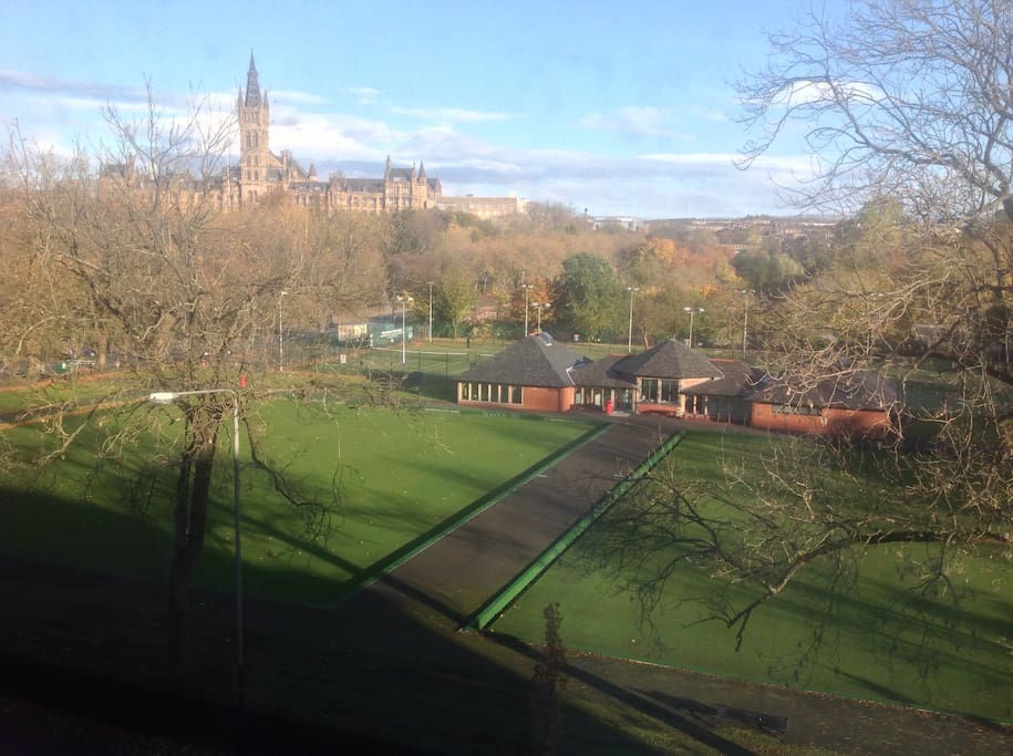 View of the park, tennis courts and bowling green from the kitchen