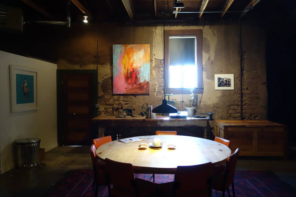 Dining table with work table behind it.