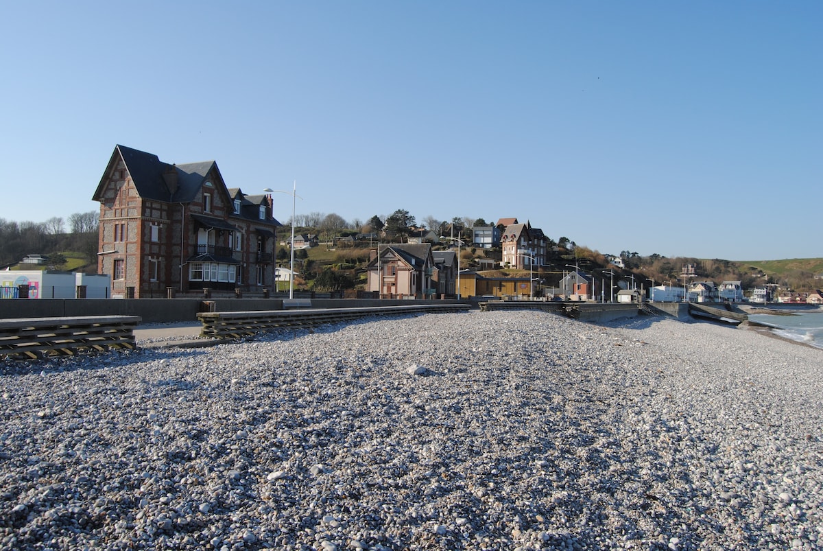 A serene beach view showcases a pebbled shoreline with charming buildings lining the waterfront. Structures with varied architectural styles are visible on a gentle slope, framed by greenery in the background. The sky is clear, enhancing the peaceful ambiance of the coastal setting.