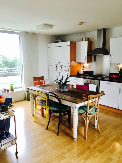 The kitchen area and dining table. Guests are free to make use of the facilities.