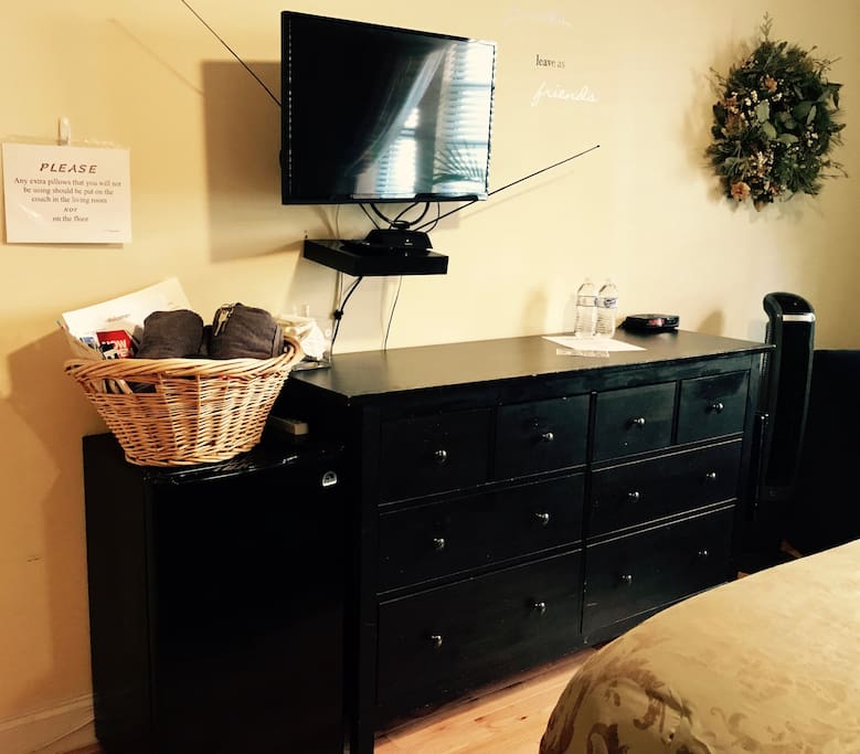 Full dresser for your storage needs. Welcome basket, HEMI Rotating fan with remote, Personal Fridge, Flat/SMART TV
