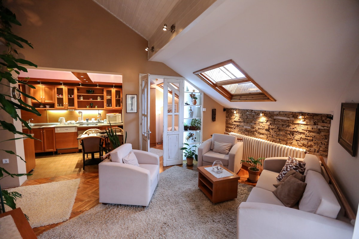An open living area showcases comfortable white seating arranged around a wooden coffee table. Natural light filters through a skylight, illuminating the space. The adjoining kitchen features wooden cabinetry, while potted plants provide greenery against the stone wall.